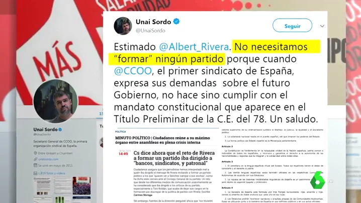 Unai Sordo responde a Albert Rivera: "No necesitamos 'formar' ningún partido" Unai Sordo responde a Albert Rivera: "No necesitamos 'formar' ningún partido"