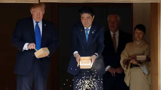 Donald Trump alimentando a carpas junto a Shinzo Abe Donald Trump alimentando a carpas junto a Shinzo Abe