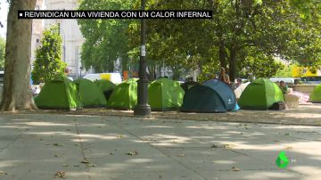 Sin agua, a 40 grados y rodeados de suciedad e insectos: así luchan estos acampados por una vivienda digna frente al Ministerio de Sanidad