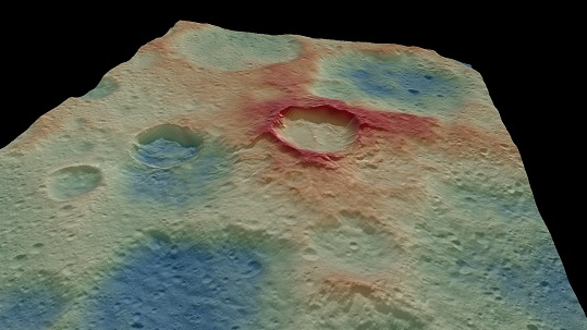 Modelo digital del terreno que muestra el escarpe formado por una falla inversa que deformó los cráteres Kupalo y Juling. / UCM a partir de datos NASA/DAWN. 