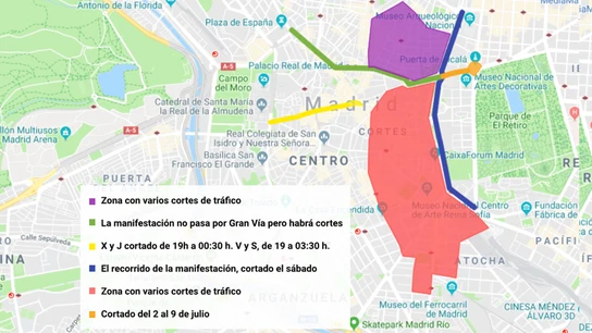 Plano de las calles cortadas durante el Orgullo Gay en Madrid Google Maps