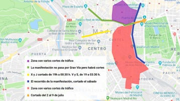 Plano de las calles cortadas durante el Orgullo Gay en Madrid