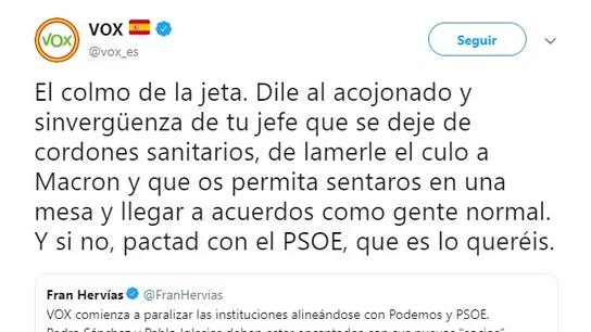 Vox califica a Albert Rivera como un "acojonado y sinvergüenza": "Que deje de lamerle el culo a Macron" Vox califica a Albert Rivera como un "acojonado y sinvergüenza": "Que deje de lamerle el culo a Macron"