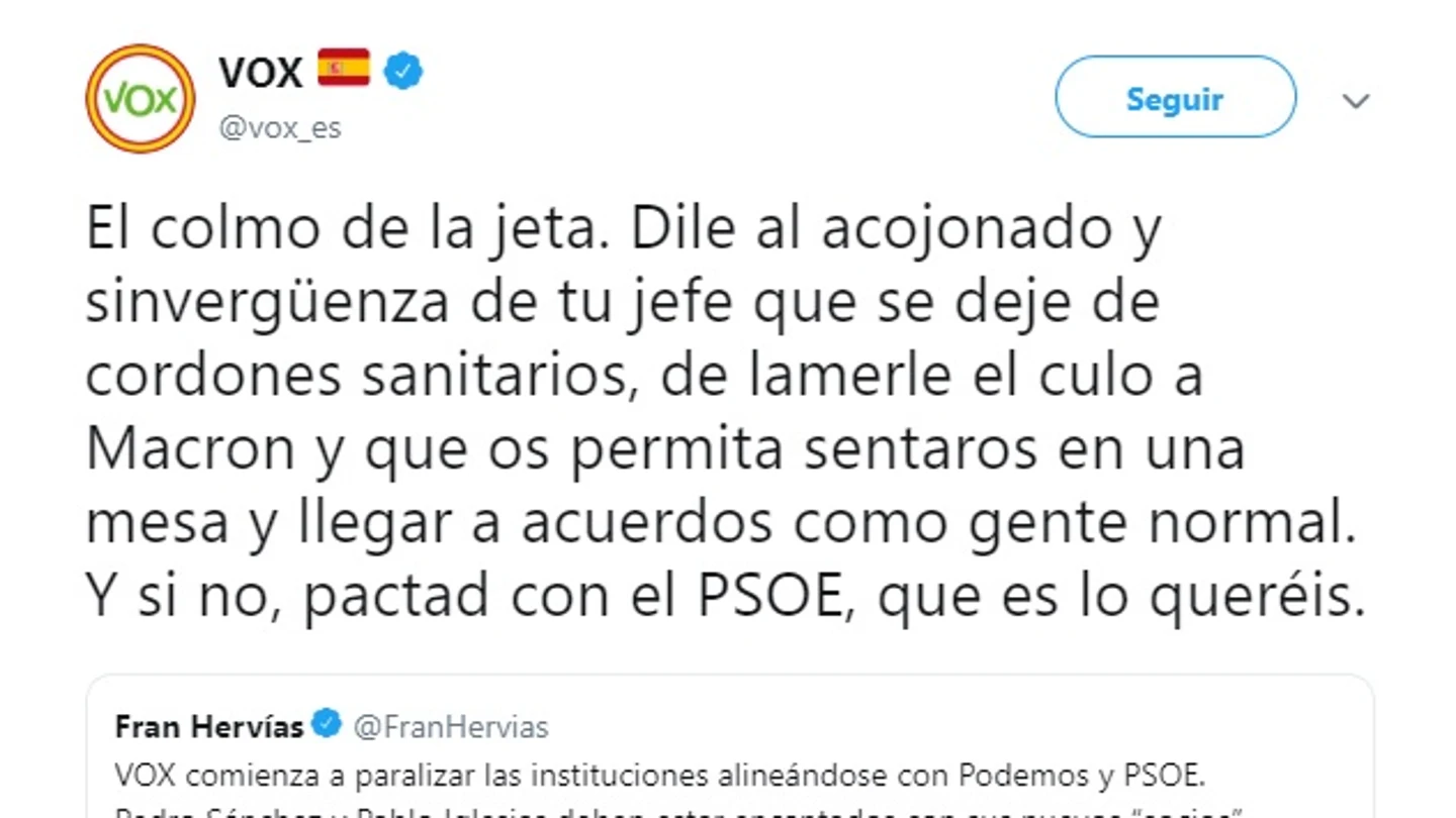 Vox califica a Albert Rivera como un "acojonado y sinvergüenza": "Que deje de lamerle el culo a Macron" Vox califica a Albert Rivera como un "acojonado y sinvergüenza": "Que deje de lamerle el culo a Macron"