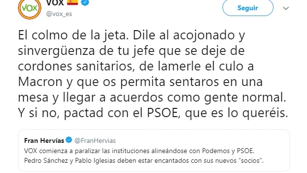 Vox califica a Albert Rivera como un "acojonado y sinvergüenza": "Que deje de lamerle el culo a Macron"