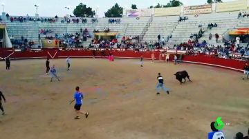 Un toro embiste a un joven en las fiestas de San Victorino en Arévalo