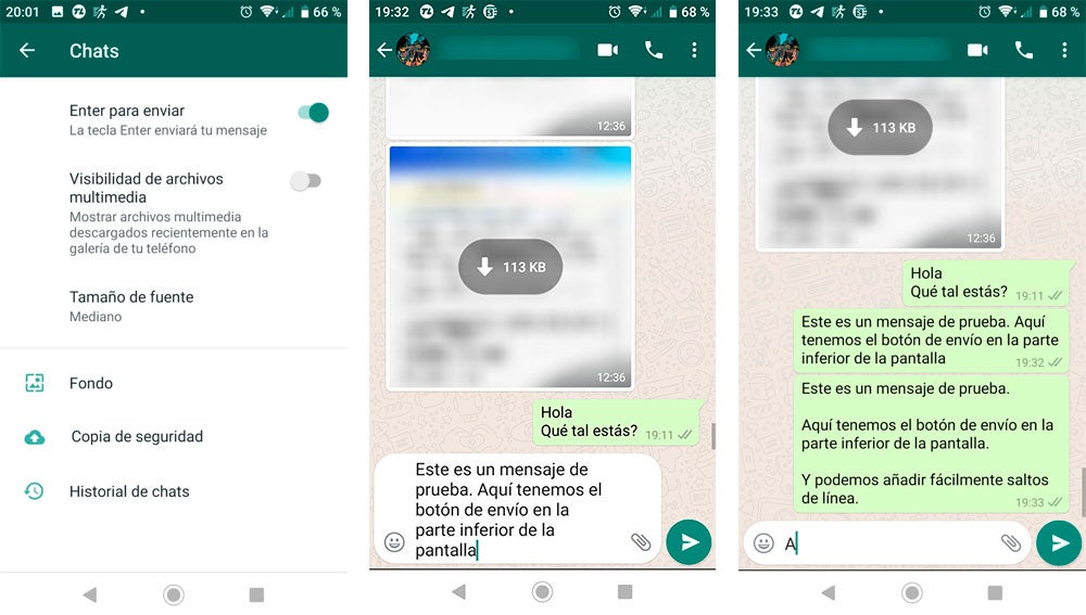 A la derecha mensajes escritos sin botón Enter y con él
