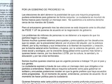El mundo de la cultura pide a Podemos y al PSOE un gobierno de progreso El mundo de la cultura pide a Podemos y al PSOE un gobierno de progreso