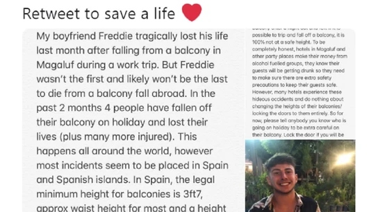 Tuit de la novia del chico fallecido en Magaluf tras precipitarse por el balcón Tuit de la novia del chico fallecido en Magaluf tras precipitarse por el balcón