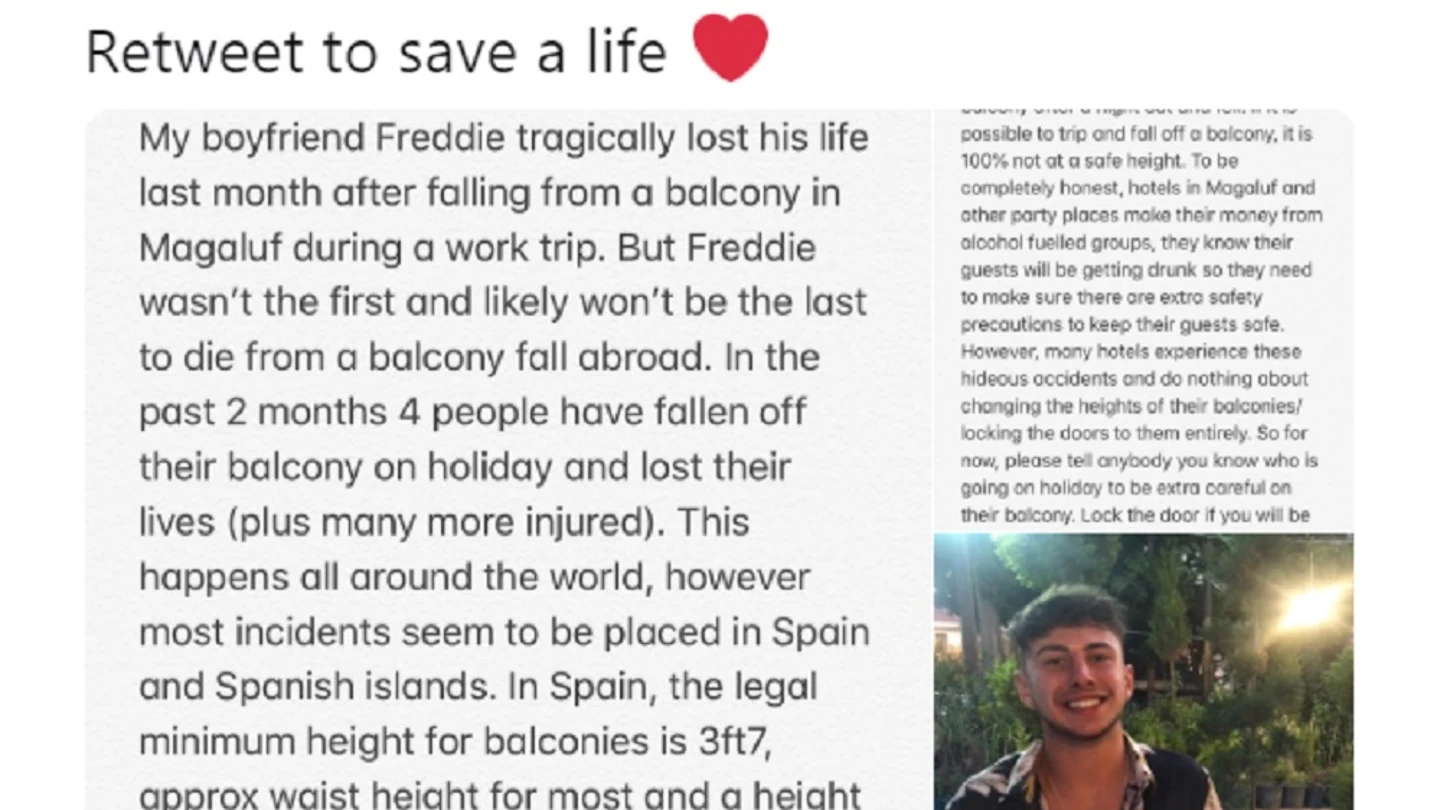 Tuit de la novia del chico fallecido en Magaluf tras precipitarse por el balcón Tuit de la novia del chico fallecido en Magaluf tras precipitarse por el balcón