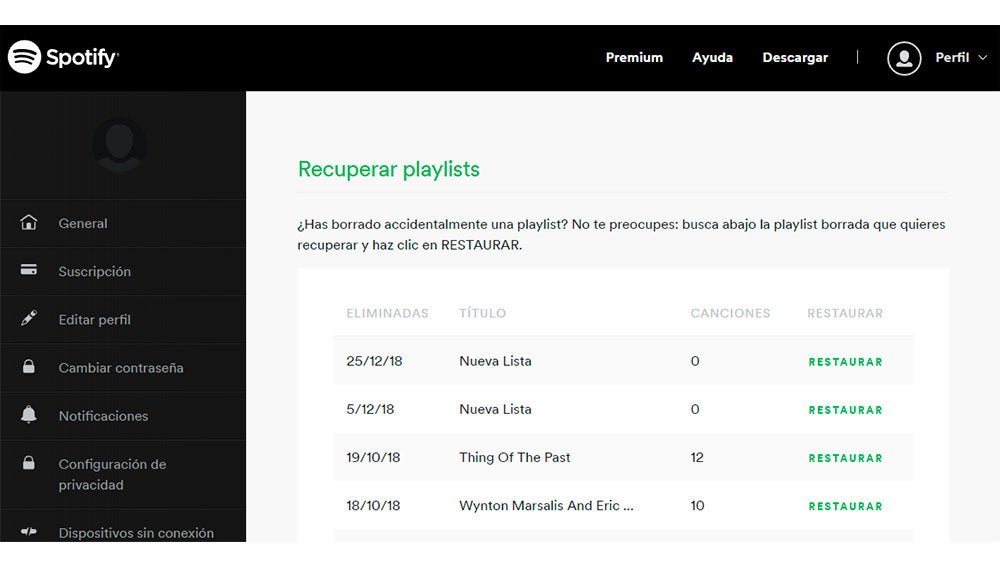 El botón derecho verde nos permite restaurar las playlist