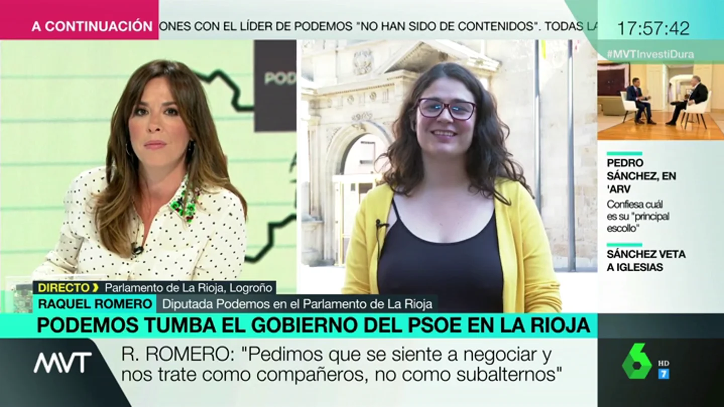 Raquel Romero, tras tumbar el Gobierno del PSOE en La Rioja: "Queremos nos trate como compañeros, no como subalternos" Raquel Romero, tras tumbar el Gobierno del PSOE en La Rioja: "Queremos nos trate como compañeros, no como subalternos"