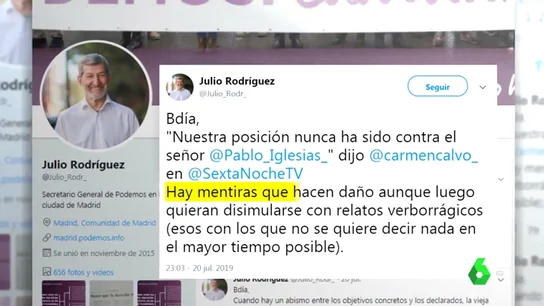 Julio Rodríguez (Podemos) considera falso que el PSOE no haya vetado a Pablo Iglesias: "Hay mentiras que hacen daño" Julio Rodríguez (Podemos) considera falso que el PSOE no haya vetado a Pablo Iglesias: "Hay mentiras que hacen daño"