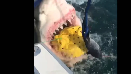 Un tiburón se come la pesca de una embarcación Un tiburón se come la pesca de una embarcación