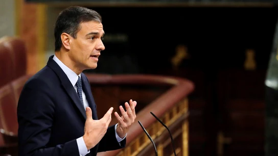 Pedro Sánchez durante su intervención en la segunda jornada del debate en respuesta al portavoz de ERC, Gabriel Rufián Pedro Sánchez durante su intervención en la segunda jornada del debate en respuesta al portavoz de ERC, Gabriel Rufián