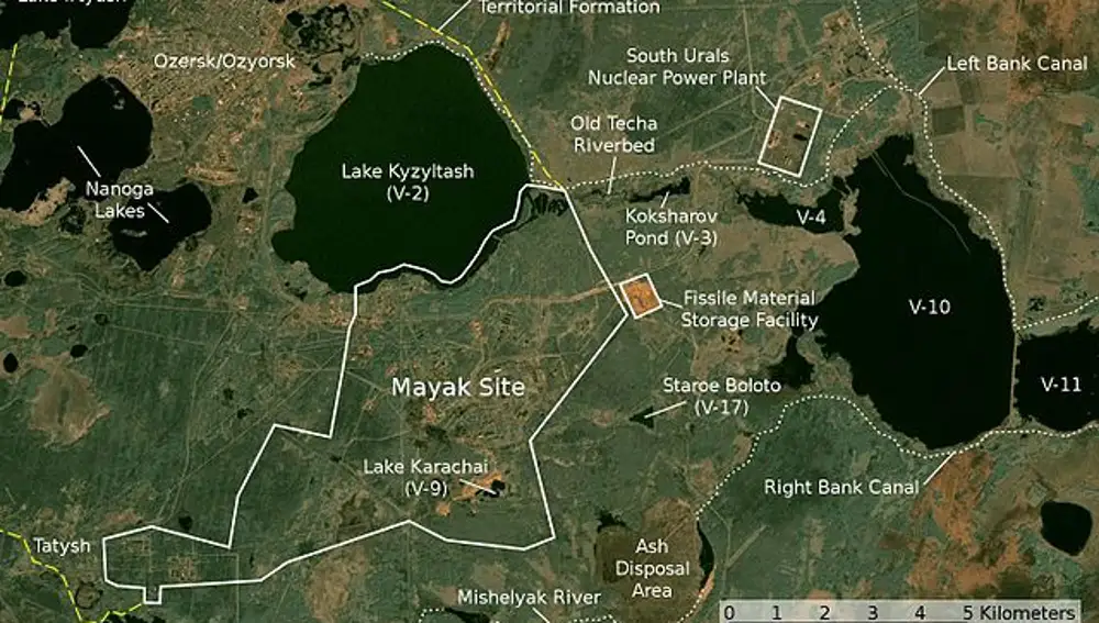 Mapa de Mayak, construida entre 1945 y 1948 como parte del proyecto soviético de bomba atómica 
