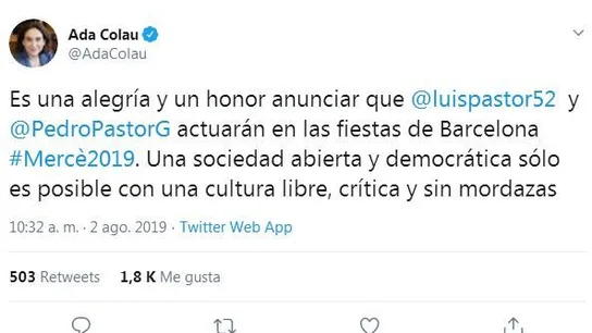 El tuit con el que Ada Colau anunciaba el fichaje de los cantautores para las fiestas de la Mercè ha sido borrado. El tuit con el que Ada Colau anunciaba el fichaje de los cantautores para las fiestas de la Mercè ha sido borrado.