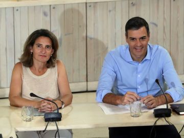 Pedro Sánchez y la ministra de Transición Ecológica en funciones, Teresa Ribera, durante la reunión con organizaciones ecologistas Pedro Sánchez y la ministra de Transición Ecológica en funciones, Teresa Ribera, durante la reunión con organizaciones ecologistas