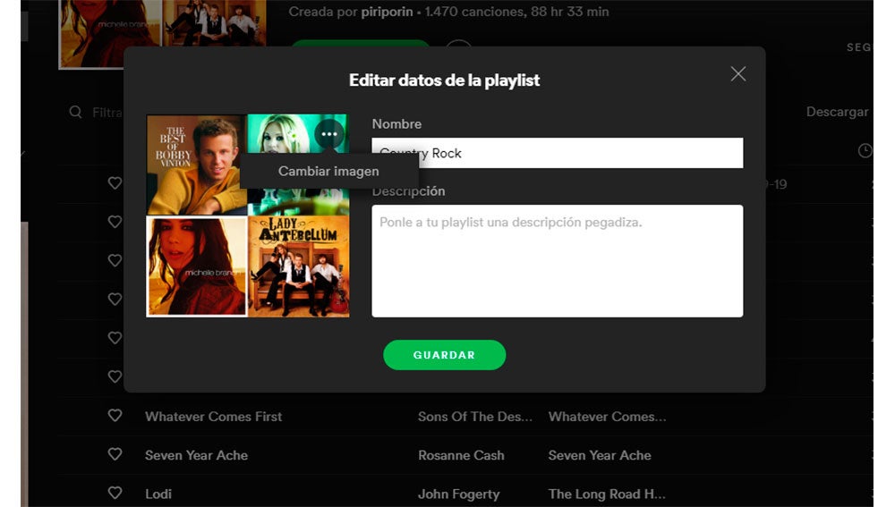 La cuatro imágenes son las primeras cuatro canciones de la playlist, o bien pulsa en cambiar imagen