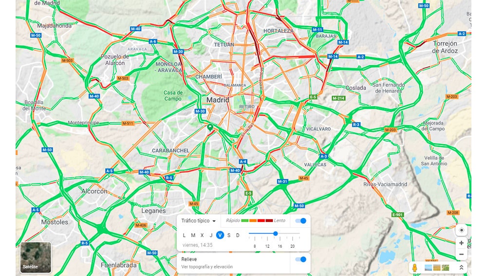 El tráfico de Madrid para un viernes a las tres de la tarde