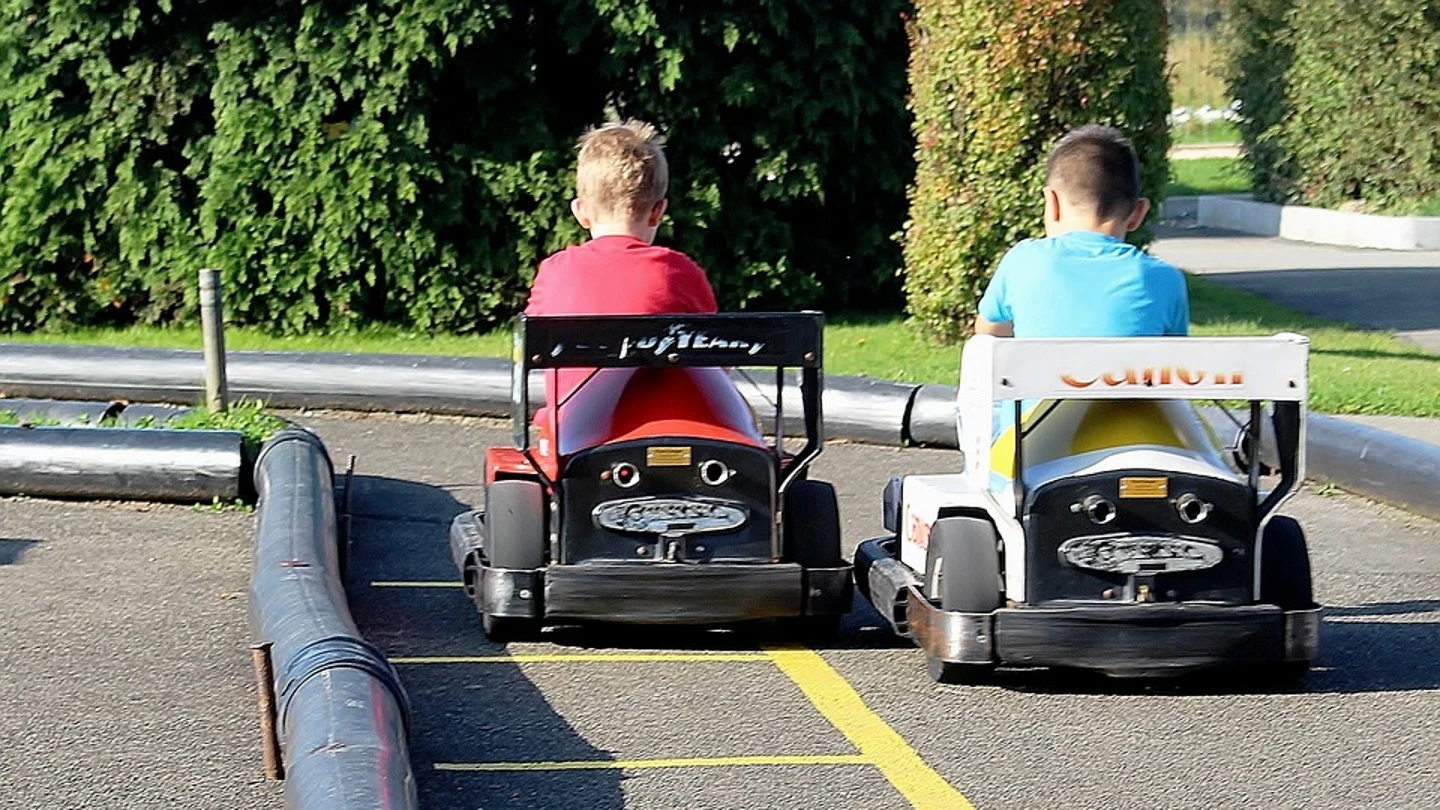 Dos niños conduciendo karts Dos niños conduciendo karts