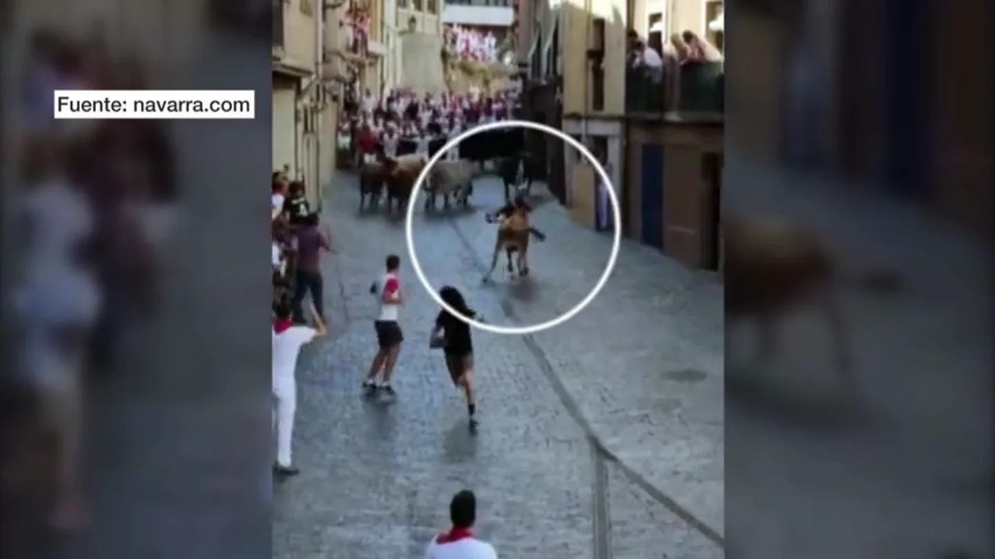 La salvaje voltereta de un mozo tras la cogida por la espalda de un cabestro en Estella La salvaje voltereta de un mozo tras la cogida por la espalda de un cabestro en Estella