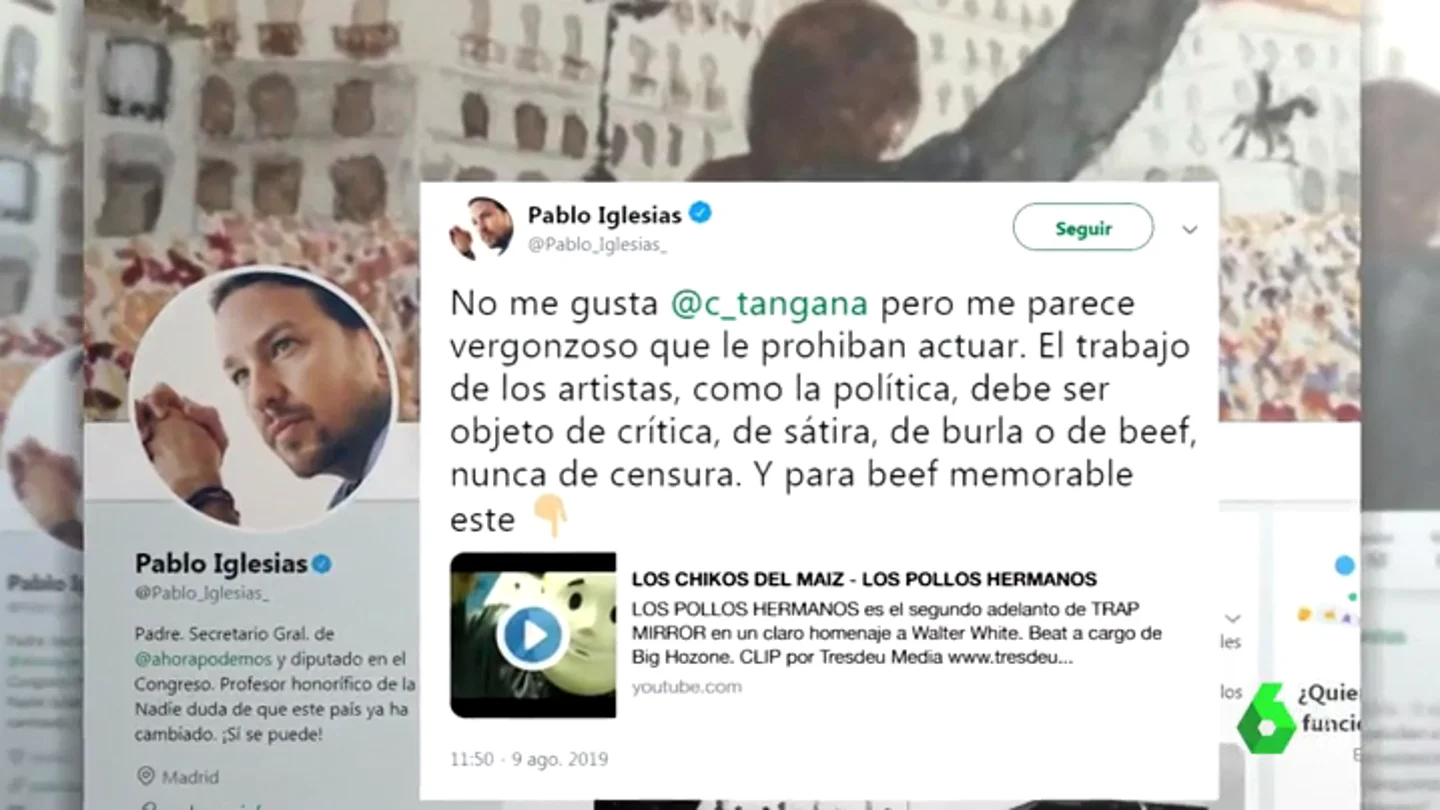 Pablo Iglesias considera "vergonzoso" que prohíban actuar a C.Tangana en Bilbao Pablo Iglesias considera "vergonzoso" que prohíban actuar a C.Tangana en Bilbao