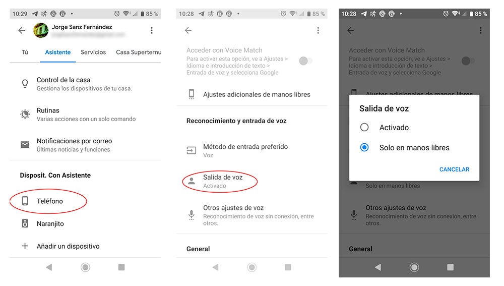 Desactivando la voz del asistente