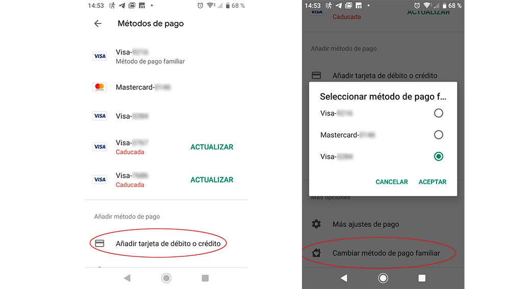 Cambiando el método de pago en Google Play