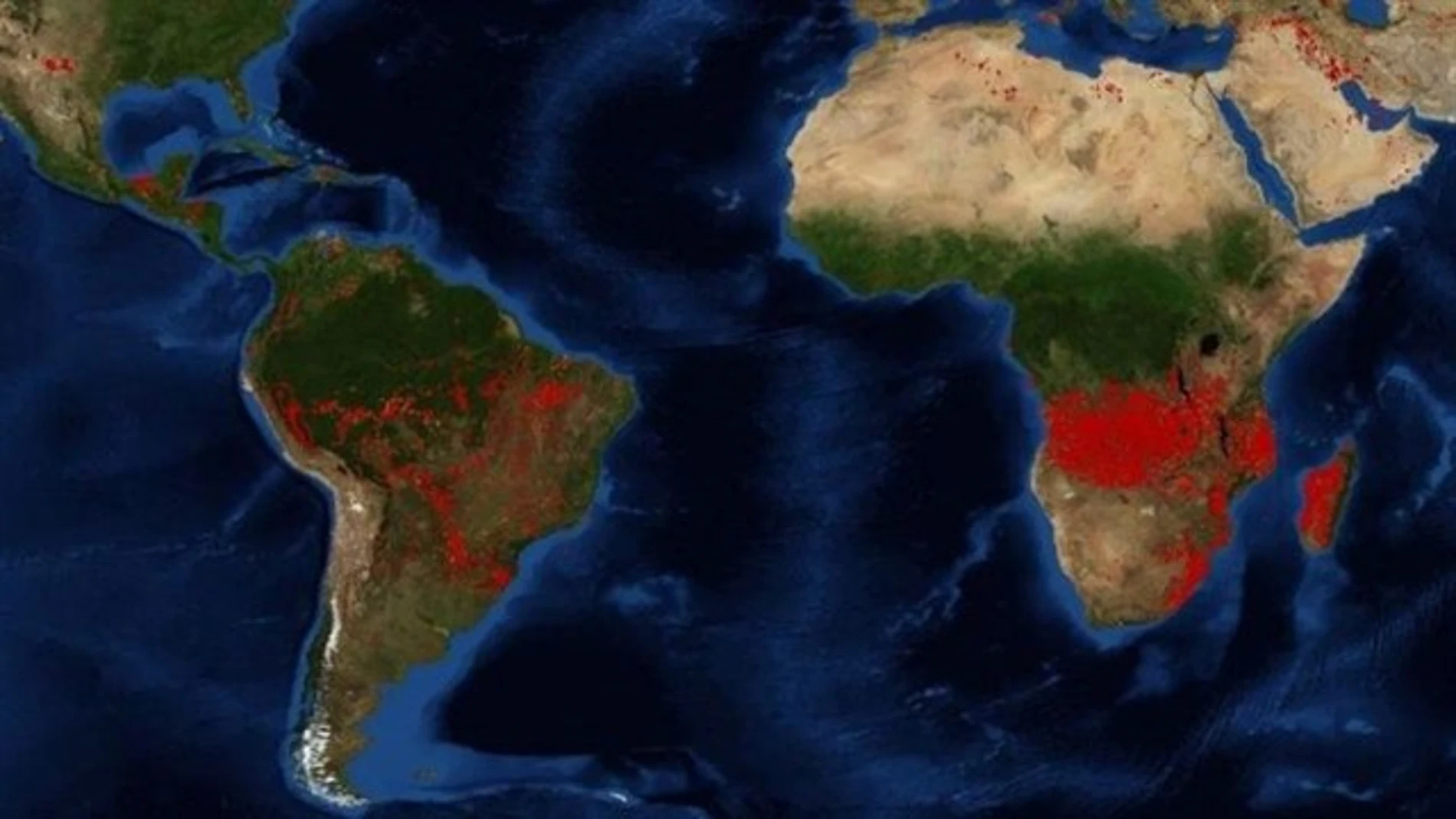 Imagen de la NASA que muestra los focos de incendio activos mundiales