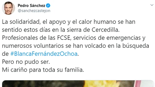 El tuit de Pedro Sánchez recordando a Blanca Fernández Ochoa El tuit de Pedro Sánchez recordando a Blanca Fernández Ochoa