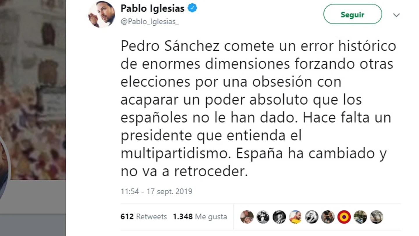 El tuit que ha publicado el líder de Podemos, Pablo Iglesias El tuit que ha publicado el líder de Podemos, Pablo Iglesias