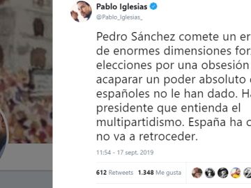 El tuit que ha publicado el líder de Podemos, Pablo Iglesias El tuit que ha publicado el líder de Podemos, Pablo Iglesias