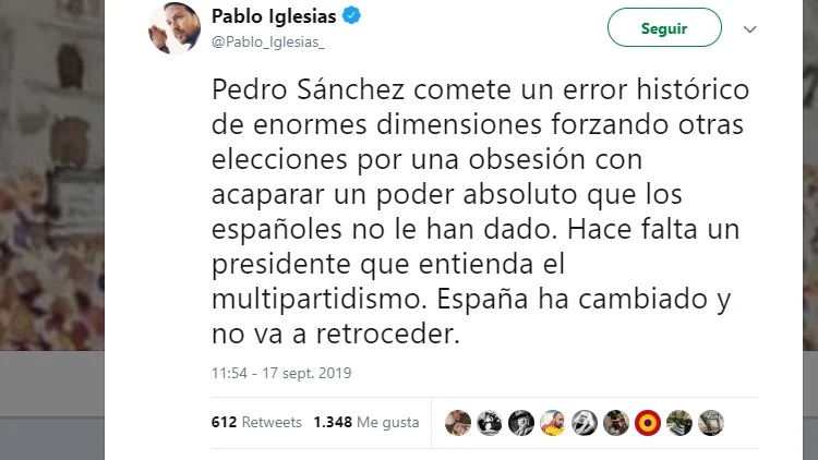 El tuit que ha publicado el líder de Podemos, Pablo Iglesias