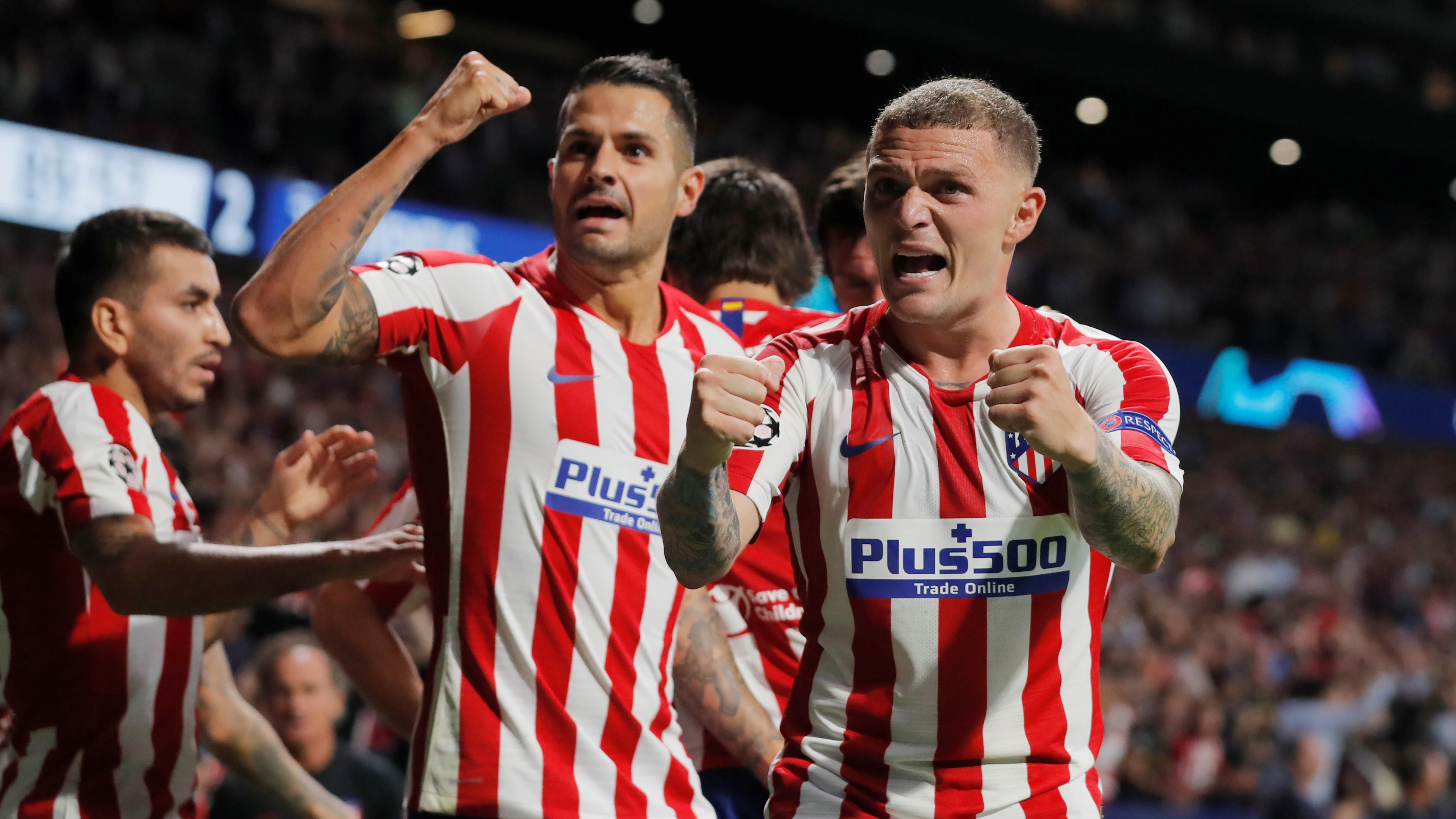 Los jugadores del Atlético de Madrid celebran el gol de Herrera contra la Juventus