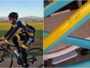 Carlos López enseña su bicicleta rota Carlos López enseña su bicicleta rota