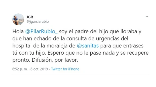 Jorge García denuncia en Twitter el trato de favor a Pilar Rubio en un hospital privado En las Urgencias del Hospital La Moraleja
