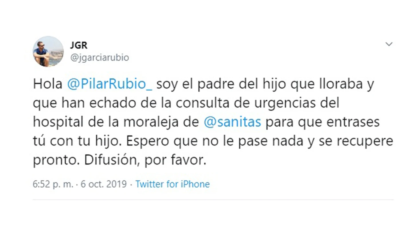 Jorge García denuncia en Twitter el trato de favor a Pilar Rubio en un hospital privado En las Urgencias del Hospital La Moraleja