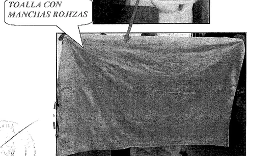Toalla hallada en el baño con manchas rojizas Toalla hallada en el baño con manchas rojizas