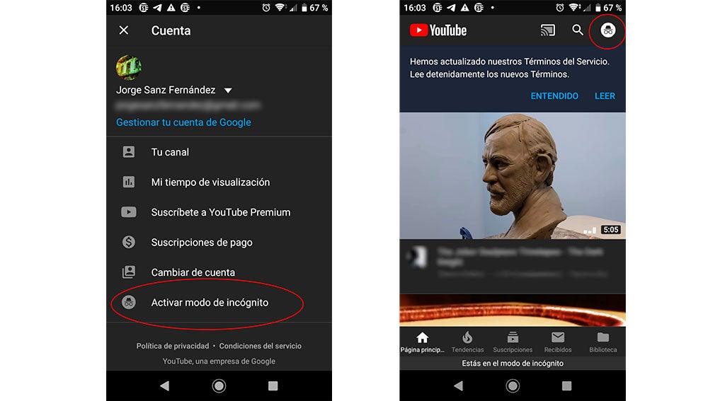 Modo incógnito YouTube