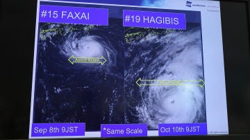 El tifón Hagibis, a la derecha, comparado con el Faxai