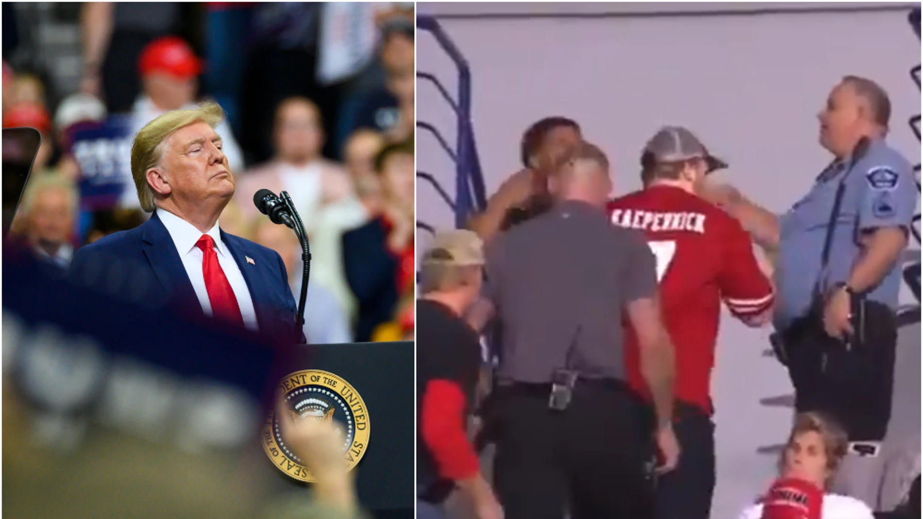 Echan a un hombre con la camiseta de Kaepernick de un mitin de Trump