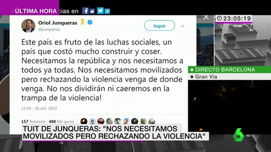 Junqueras condena a los grupos violentos que se manifiestan en Barcelona: "Nos necesitamos movilizados pero rechazando la violencia" Junqueras condena a los grupos violentos que se manifiestan en Barcelona: "Nos necesitamos movilizados pero rechazando la violencia"