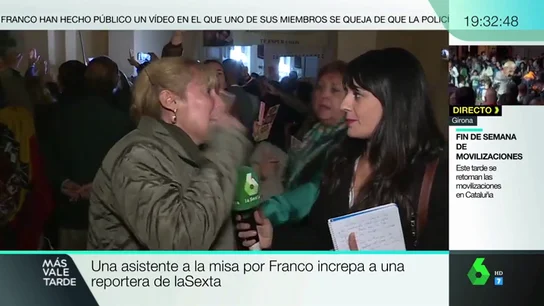 Una asistente a la misa por Franco increpa en pleno directo a una reportera de laSexta: "No tenéis vergüenza" Una asistente a la misa por Franco increpa en pleno directo a una reportera de laSexta: "No tenéis vergüenza"