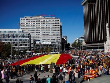 Decenas de personas sostienen la bandera de España de 1.000 metros cuadrados Decenas de personas sostienen la bandera de España de 1.000 metros cuadrados