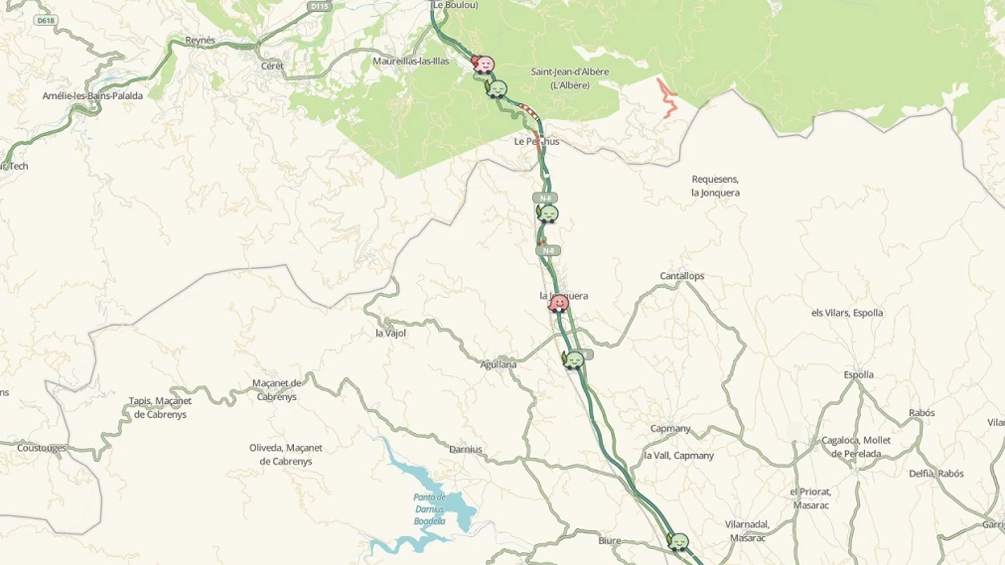 Mapa del estado de las carreteras catalanas en la frontera de La Jonquera Mapa del estado de las carreteras catalanas en la frontera de La Jonquera