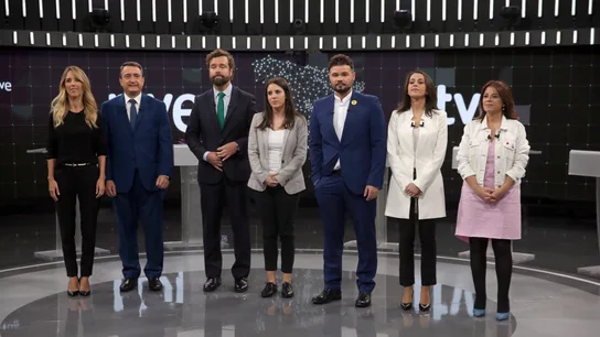 Los portavoces del PP, PSOE, Unidas Podemos, Ciudadanos, Vox, ERC y PNV en el debate electoral de RTVE Los portavoces del PP, PSOE, Unidas Podemos, Ciudadanos, Vox, ERC y PNV en el debate electoral de RTVE