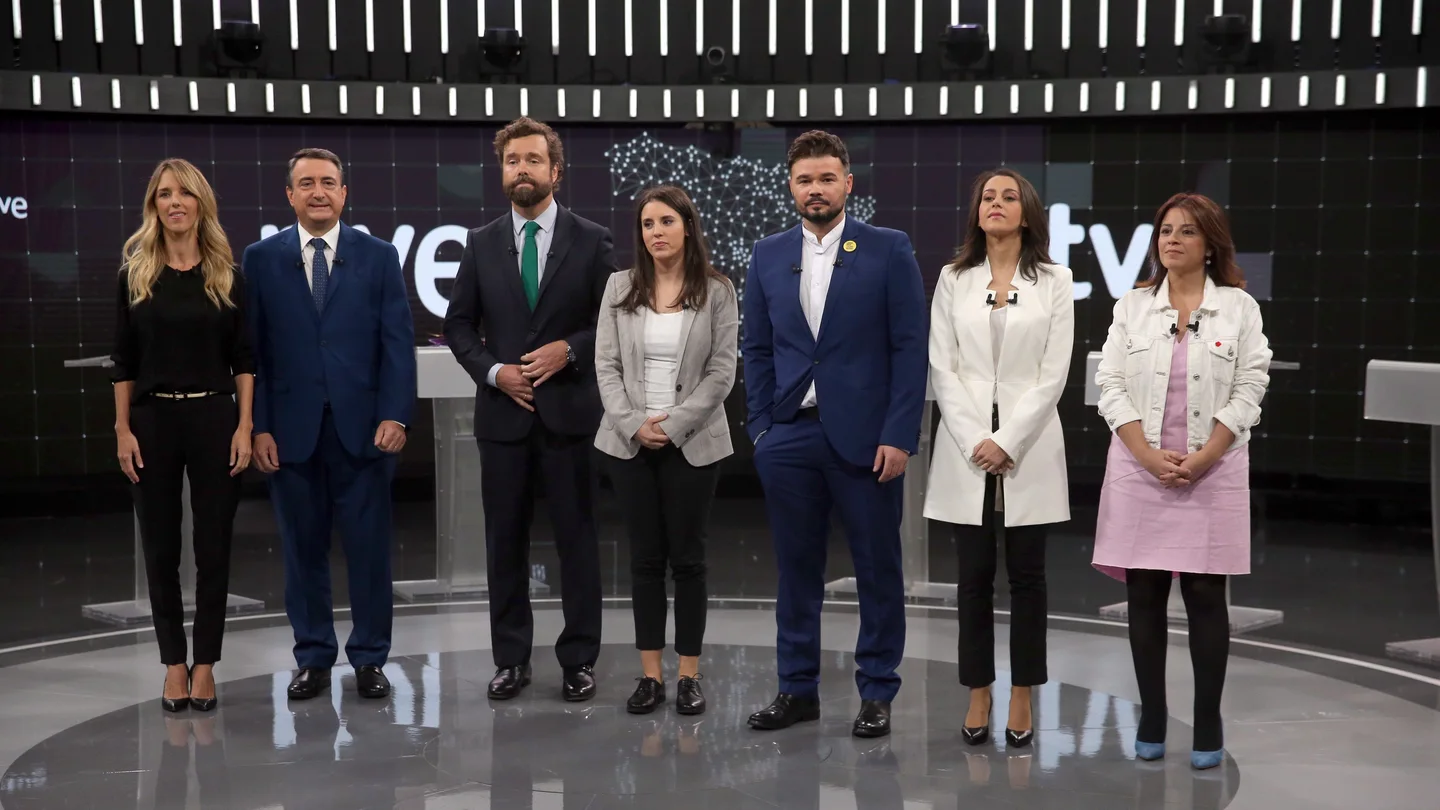 Los portavoces del PP, PSOE, Unidas Podemos, Ciudadanos, Vox, ERC y PNV en el debate electoral de RTVE Los portavoces del PP, PSOE, Unidas Podemos, Ciudadanos, Vox, ERC y PNV en el debate electoral de RTVE