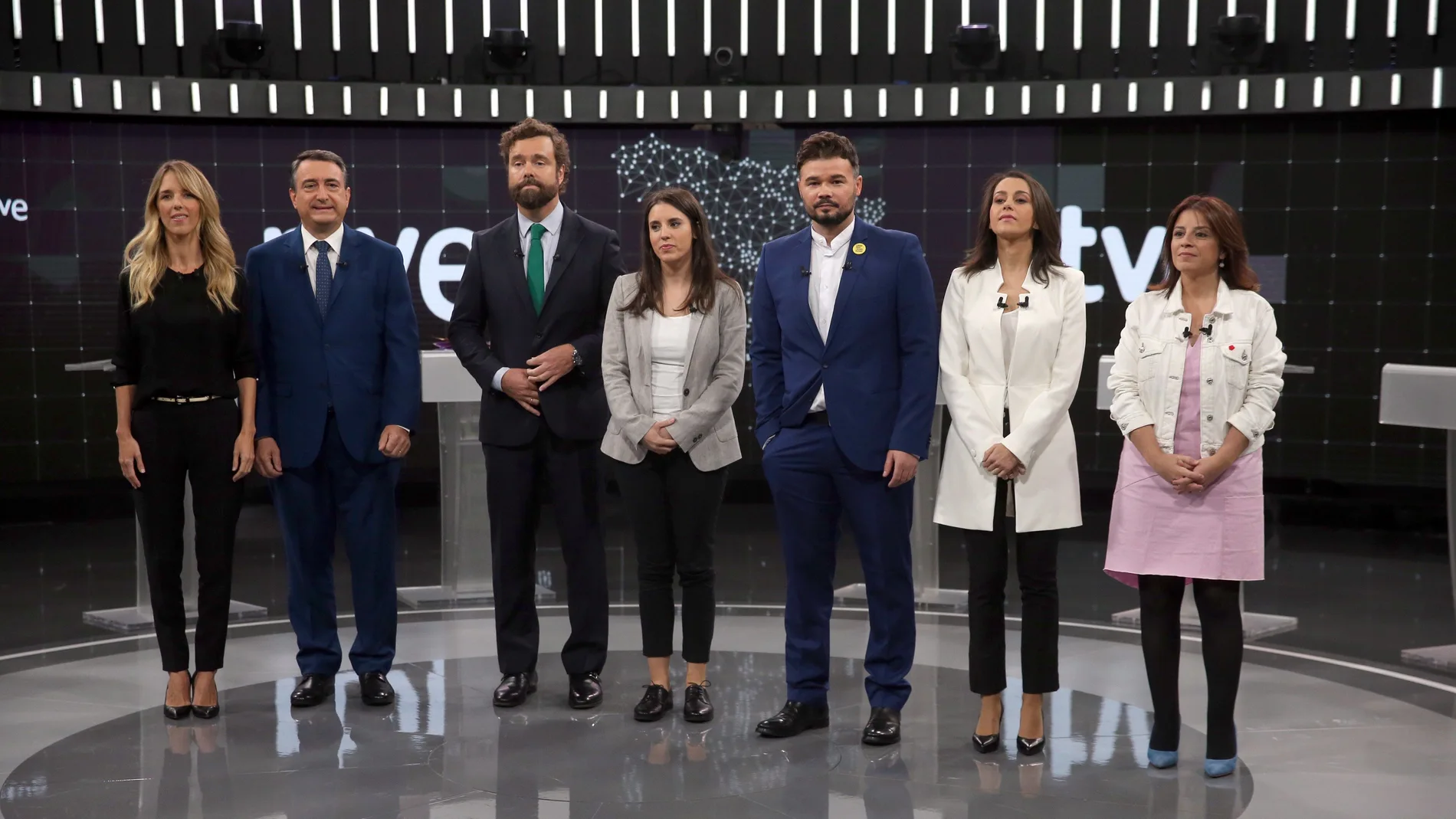 Los portavoces del PP, PSOE, Unidas Podemos, Ciudadanos, Vox, ERC y PNV en el debate electoral de RTVE