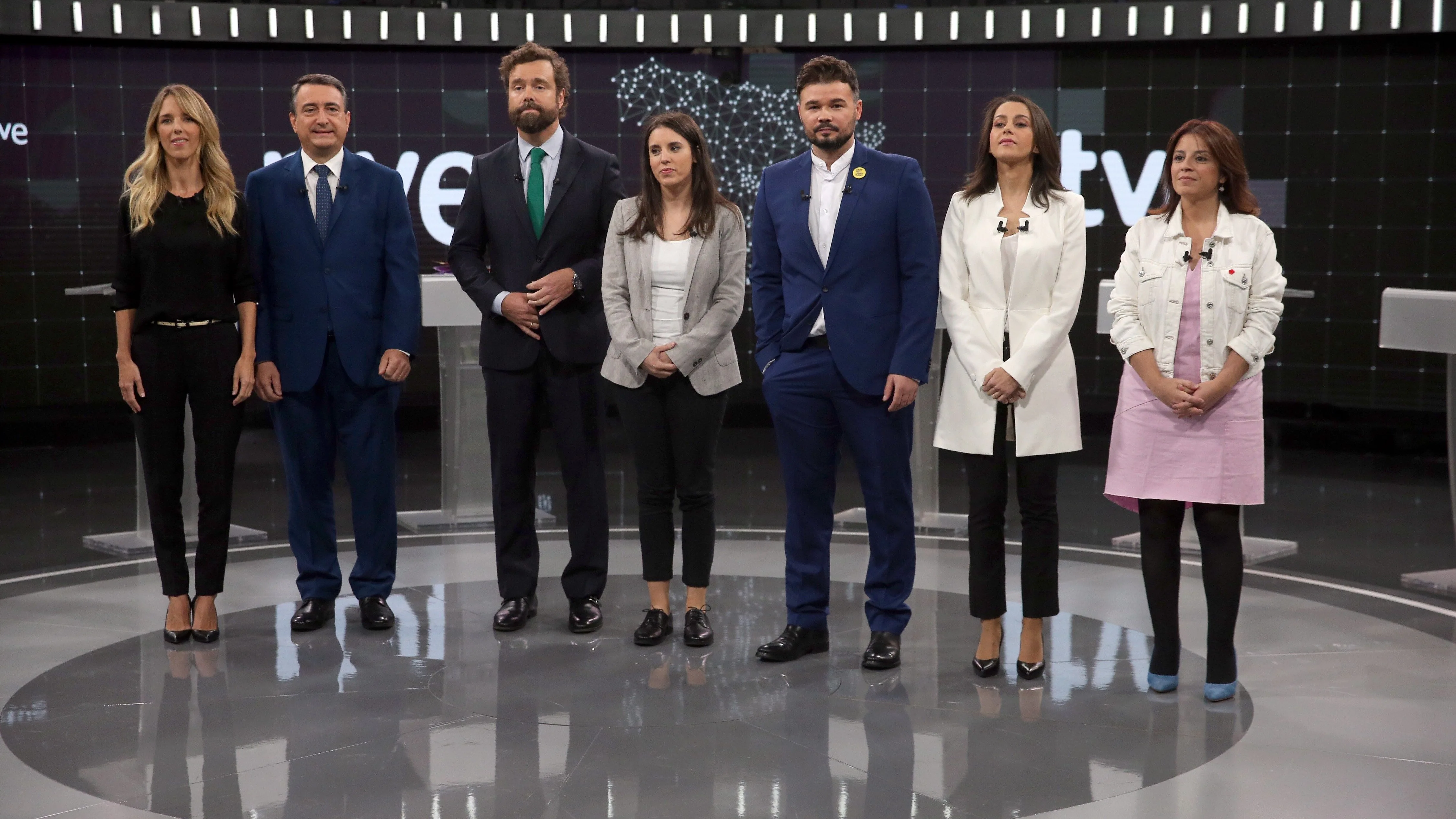 Los portavoces del PP, PSOE, Unidas Podemos, Ciudadanos, Vox, ERC y PNV en el debate electoral de RTVE